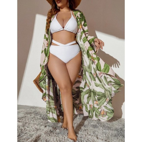 . Other - Green Boho Womens Tropical Print Belted Kimono